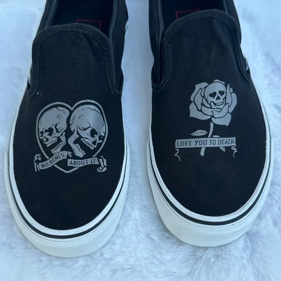 Unisex Vans Black Skull Slip-On Sneakers - Picture 2 of 12